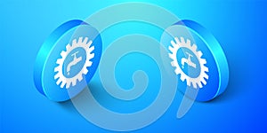 Isometric Gearwheel with tap icon isolated on blue background. Plumbing work symbol. Blue circle button. Vector
