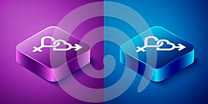 Isometric Gender icon isolated on blue and purple background. Symbols of men and women. Sex symbol. Square button
