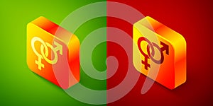 Isometric Gender icon isolated on green and red background. Symbols of men and women. Sex symbol. Square button. Vector