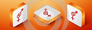 Isometric Gender icon isolated on orange background. Symbols of men and women. Sex symbol. Orange square button. Vector