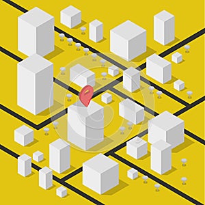 Isometric geolocation map with buildings and roads. Minimalistic navigation map. Location with pin pointer. Isometric