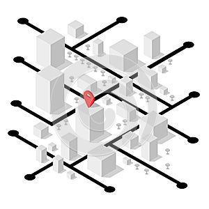 Isometric geolocation map with buildings and roads. Minimalistic navigation map. Location with pin pointer. Isometric