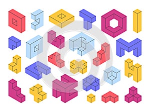 Isometric geometric shapes, 3d blocks, puzzle game elements. Mosaic logic game blocks, constructor cube block elements vector