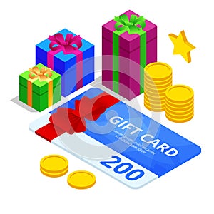 Isometric Gift voucher and Online shopping app, Shopping online. Holiday celebration concept.