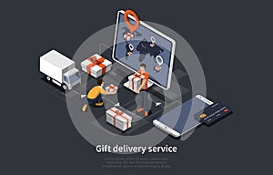 Isometric gifts free Delivery service for online store. Gifts delivery with employees, transport, worlt map with labels