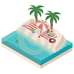 Isometric girl and boy relaxing on beach vector illustration