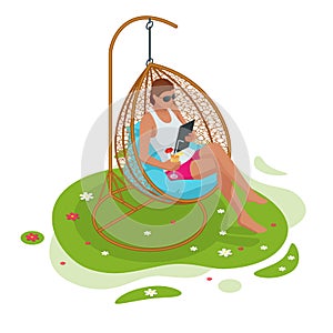 Isometric girl with a laptop sitting on the garden swing. Place for outdoor recreation isolated on white background.