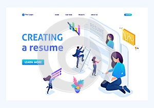 Isometric girl makes a resume, aspirant, job seeker concept, bright color. Landing page concepts and web design