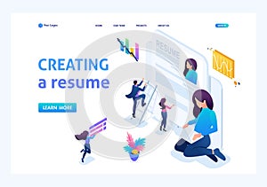 Isometric girl makes a resume, aspirant, job seeker concept, bright color. Landing page concepts and web design photo