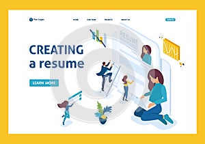Isometric girl makes a resume, aspirant, job seeker concept. Template Landing page photo