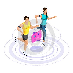 Isometric girl and man run, jump, couple on a run, athletes, sportswear, icons, healthy lifestyle set 5