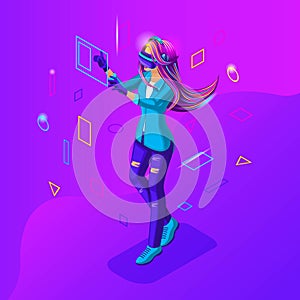 Isometric girl playing in a virtual game. Teenagers are young people with gadgets. Bright hair color, beautiful stylish colors