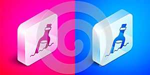 Isometric Glass bottle with a message in water icon isolated on pink and blue background. Letter in the bottle. Pirates