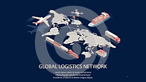 Isometric global logistics network concept. Air, cargo trucking rail, transportation maritime shipping, delivery by DRON