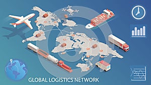 Isometric global logistics network. Concept of air cargo trucking rail, transportation maritime shipping