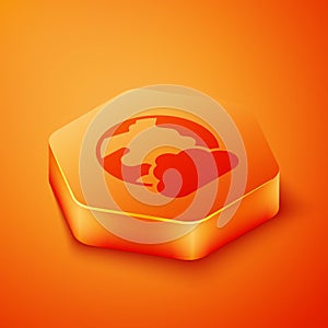 Isometric Global technology or social network icon isolated on orange background. Orange hexagon button. Vector