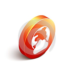 Isometric Global technology or social network icon isolated on white background. Orange circle button. Vector