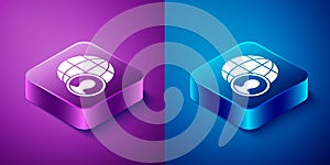 Isometric Globe and people icon isolated on blue and purple background. Global business symbol. Social network icon. Square button