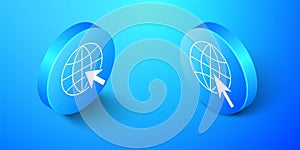 Isometric Go To Web icon isolated on blue background. Globe and cursor. Website pictogram. World wide web symbol. Blue