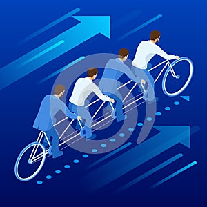 Isometric Goals Setting for Business Team. Creative Idea Teamwork Banner Concept. Business Team Riding Tandem Bicycle