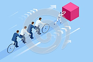 Isometric Goals Setting for Business Team. Creative Idea Teamwork Banner Concept. Business Team Riding Tandem Bicycle