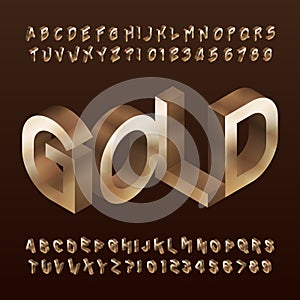 Isometric Gold alphabet font. 3d golden letters and numbers.