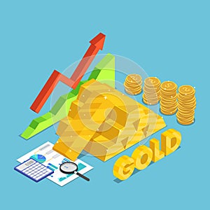 Isometric gold bar with rising stock market graph dollar coins financial document