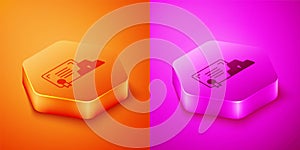 Isometric Gold bars with certificate icon isolated on orange and pink background. Banking business concept. Hexagon