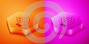 Isometric Gold bars in hand icon isolated on orange and pink background. Banking business concept. Hexagon button