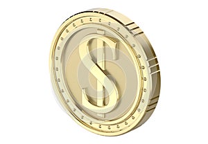 Isometric gold coin dollar, with a picture of a dollar pile. 3D render, isolated on white background.