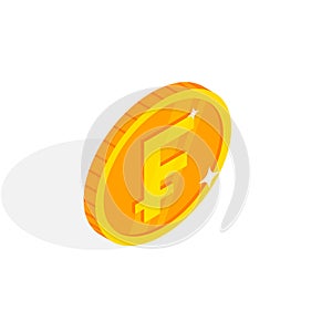 Isometric gold coin icon with Swiss frank sign. 3d Cash, frank currency, Game coin, banking or casino money symbol for