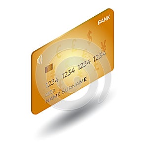 Isometric gold debit or credit plastic card on white backround with shadow. Element of design for banks, commercial and business