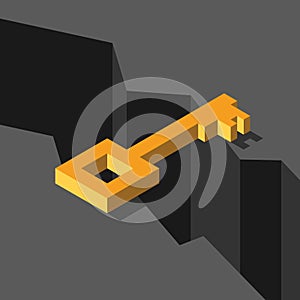 Isometric gold key above abyss. Bridging the gap, solution and challenge concept. Flat design. Vector illustration, no photo