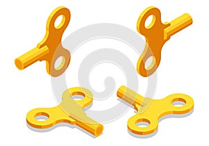 Isometric Gold Metal Windup Key for Clock and Toys on a white background