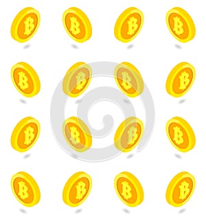 Isometric golden bitcoin set pattern