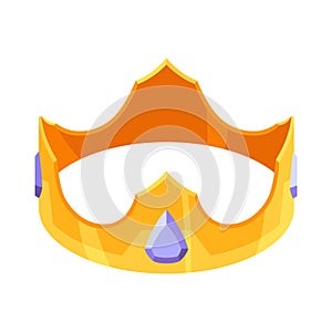 Isometric golden crown. Royal gold headdress for monarch, king or queen with luxury colored gemstones. Vector 3d jewelry