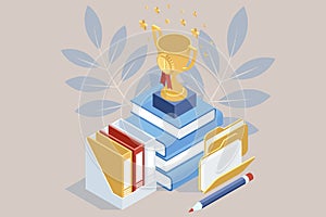 Isometric Golden cup, Educational and Self-Development. Idea for educational sessions, workshops, returning to education