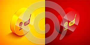 Isometric Golf flag and golf ball on tee icon isolated on orange and red background. Golf equipment or accessory. Circle