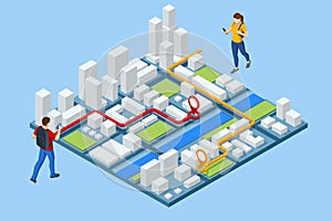 Isometric gps navigation concept. Tourist traveling using his smartphone with previously saved favorite places on map