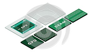 Isometric GPU HBM and DRAM Memory Subsystem Diagram Showing Stacked Memory Structure, Data Flow and AI Accelerator Performance