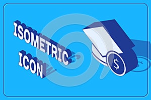 Isometric Graduation cap and coin icon isolated on blue background. Education and money. Concept of scholarship cost or