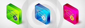 Isometric Graduation cap and coin icon isolated on grey background. Education and money. Concept of scholarship cost or