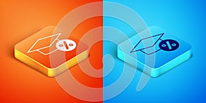 Isometric Graduation cap and coin icon isolated on orange and blue background. Education and money. Concept of