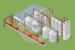 Isometric Grain elevator silos. Freight train being loaded with grain for transport. Transrportation of agricultural