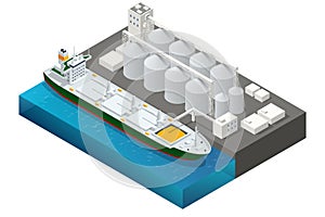 Isometric Grain terminal at seaport. Loading grain crops on bulk ship from large elevators. Transrportation of