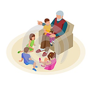 Isometric grandfather tells grandchildren tales in the nursery. Happy family and childhood concept.