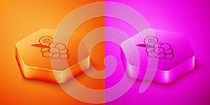 Isometric Grape fruit icon isolated on orange and pink background. Hexagon button. Vector