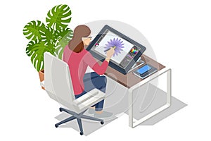 Isometric Graphic design studio. Artist drawing something on graphic tablet at the office