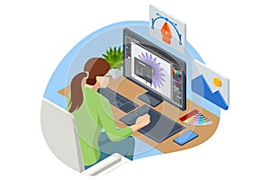 Isometric Graphic design studio. Graphic designer at work. Graphic designer drawing. Web banners, internet marketing