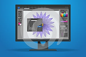 Isometric Graphic design studio. Graphic designer at work. Graphic designer drawing. Web banners, internet marketing